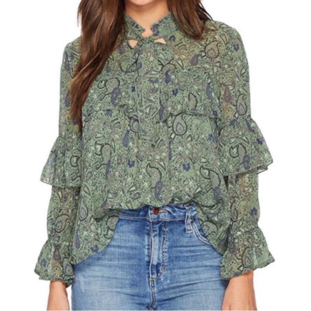 Green Metallic Floral Paisley Ruffle Blouse Lucky Brand